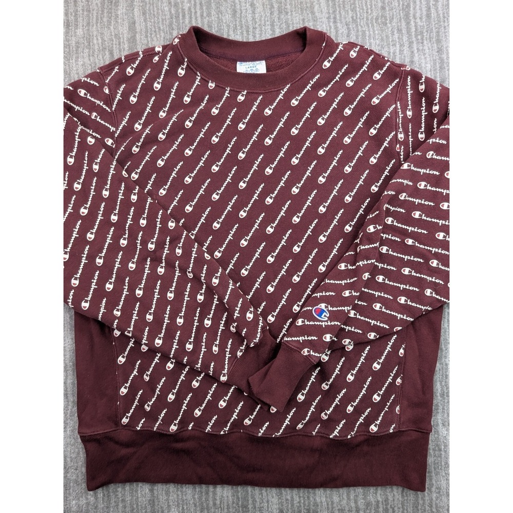 Champion Reverse Weave Diagonal All Over Print Sweatshirt Crewneck Maroon Large